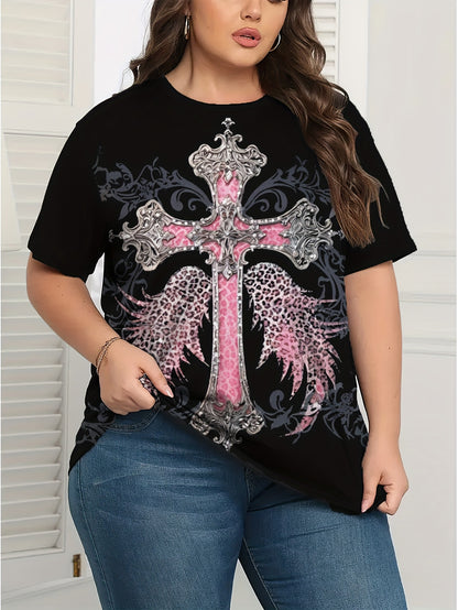 Großgröße, Damen T-Shirt mit Leopardenmuster, Kreuz- und Engelsflügel-Grafik - Dehnbares, atmungsaktives Freizeitoberteil, rosa/schwarzes Design, maschinenwaschbar