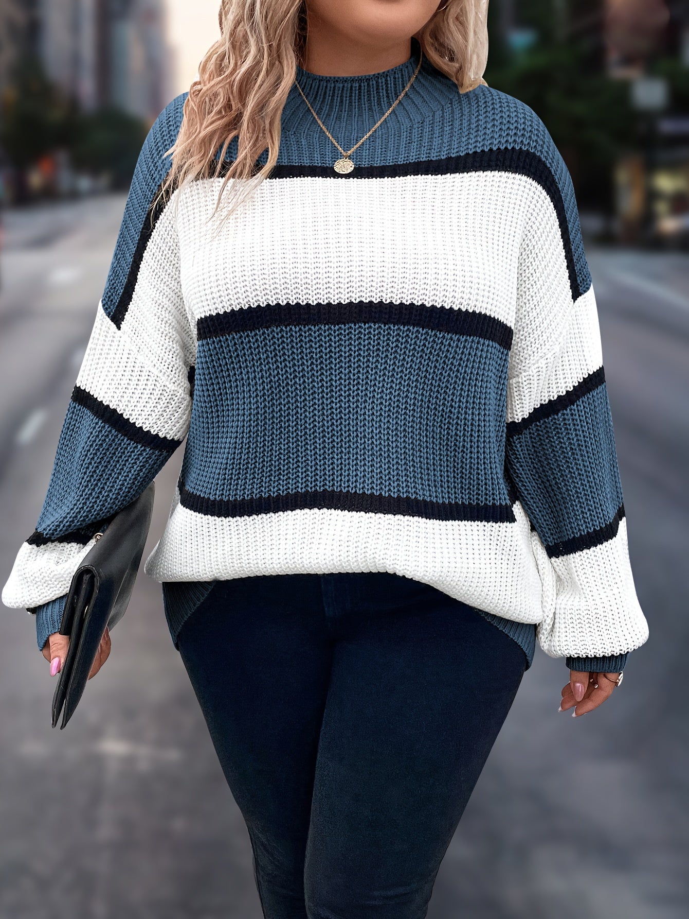 Übergröße, Neuer gestreifter Pullover für Damen Herbst/Winter, Farbblock-Lässig-Stil, Langarmshirt mit Rundhalsausschnitt