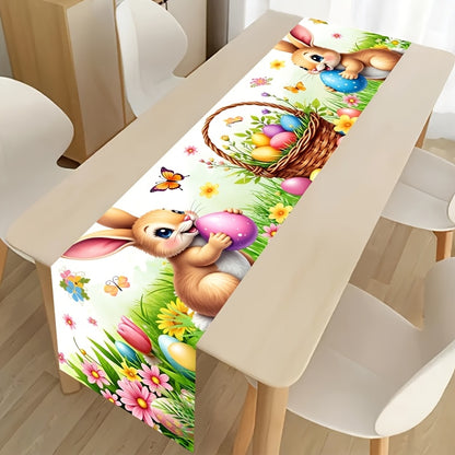 1 Stk. Frühling Oster-Tischdecke, lebendige Hasen, Eier, Blumen & Schmetterlings-Design Tischdecke, saisonale Frühlings-Küchen- und Esstischdekoration, Feiertags-Party-Outdoor-Dekor, Frohe Ostern Dekorationen für Zuhause, Landhausstil