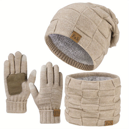 Bestseller Drei-teiliges Winter-Set aus Mütze, Schal & Handschuhen – Dick gefütterte Strick-Ohrenmütze mit verstellbarem Riemen, Unisex-Allround-Nackenwärmer für Männer und Frauen