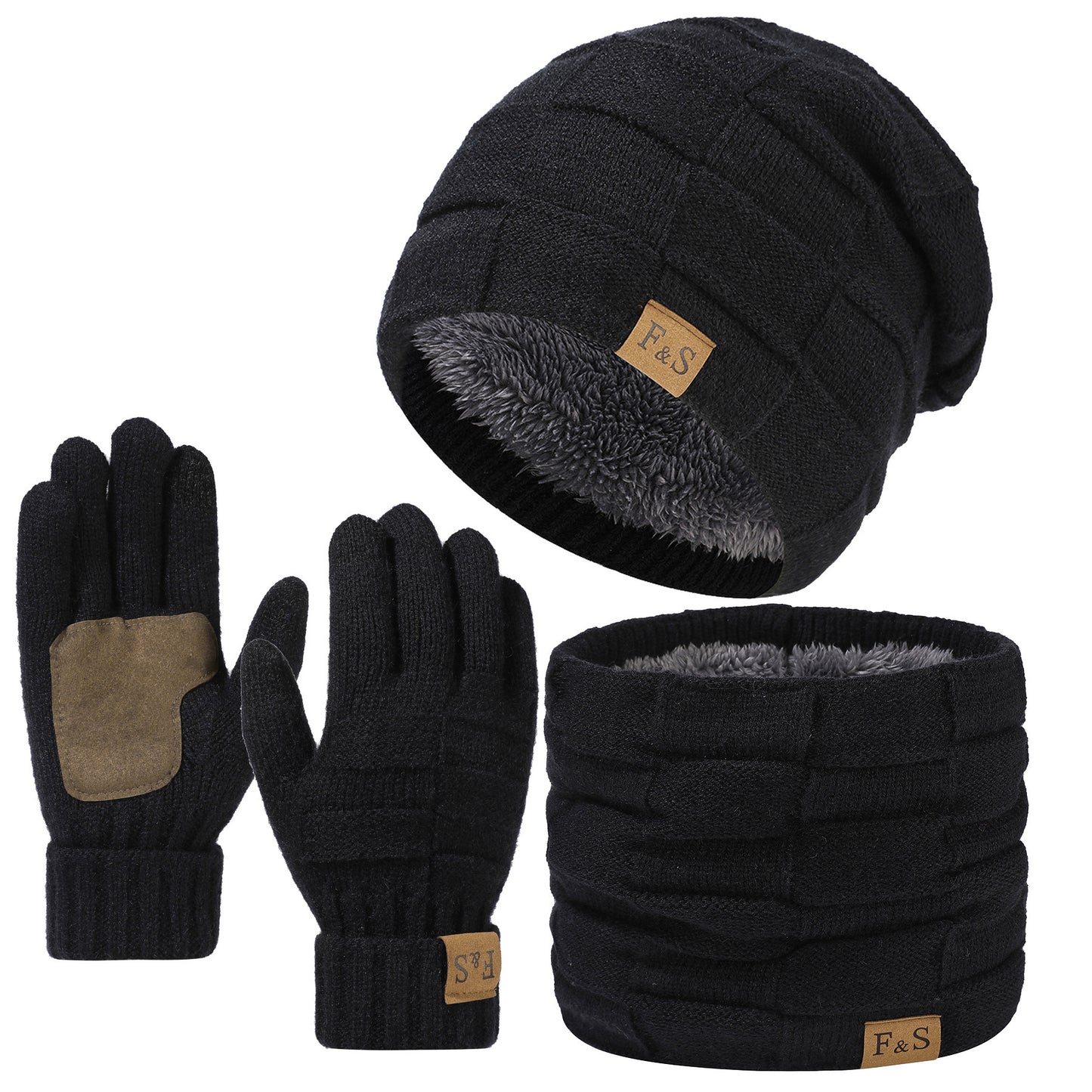 Bestseller Drei-teiliges Winter-Set aus Mütze, Schal & Handschuhen – Dick gefütterte Strick-Ohrenmütze mit verstellbarem Riemen, Unisex-Allround-Nackenwärmer für Männer und Frauen