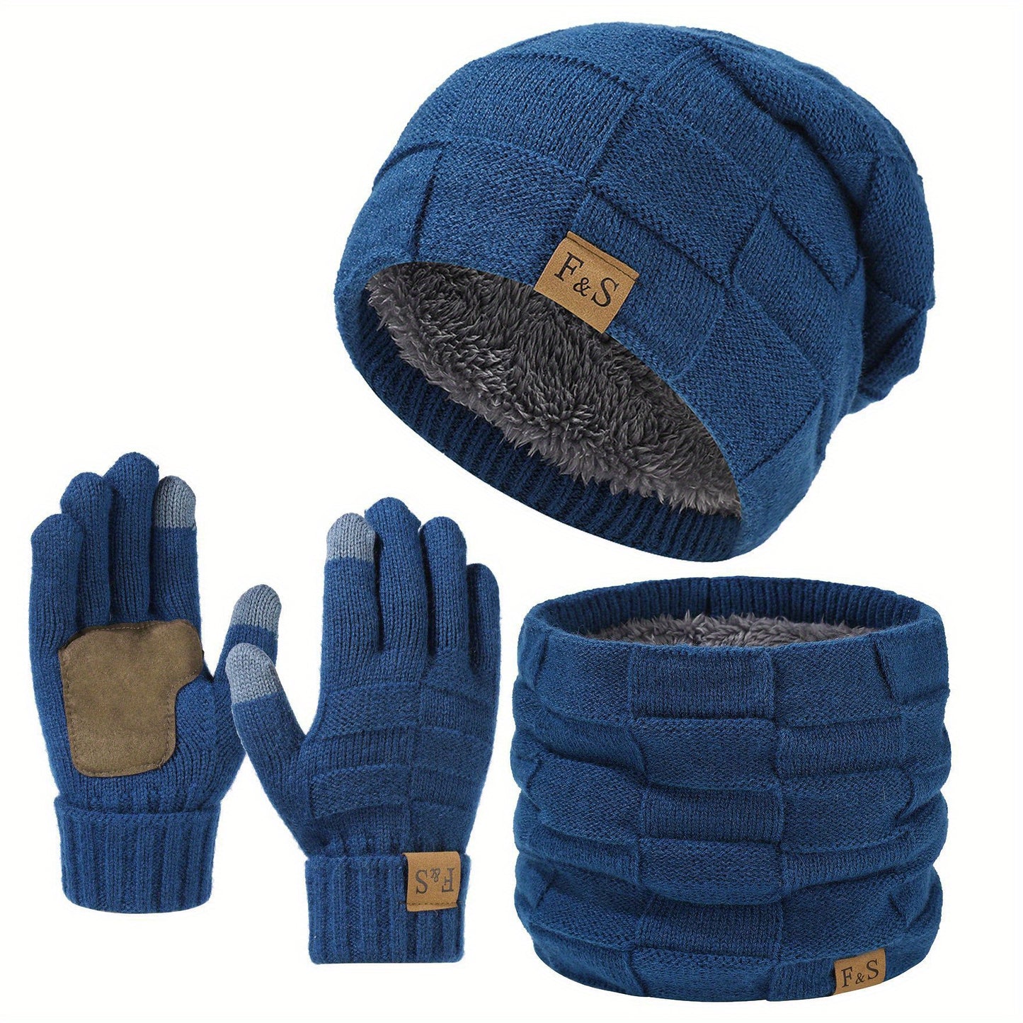 Bestseller Drei-teiliges Winter-Set aus Mütze, Schal & Handschuhen – Dick gefütterte Strick-Ohrenmütze mit verstellbarem Riemen, Unisex-Allround-Nackenwärmer für Männer und Frauen