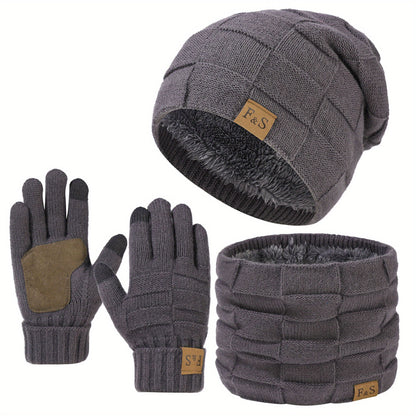 Bestseller Drei-teiliges Winter-Set aus Mütze, Schal & Handschuhen – Dick gefütterte Strick-Ohrenmütze mit verstellbarem Riemen, Unisex-Allround-Nackenwärmer für Männer und Frauen