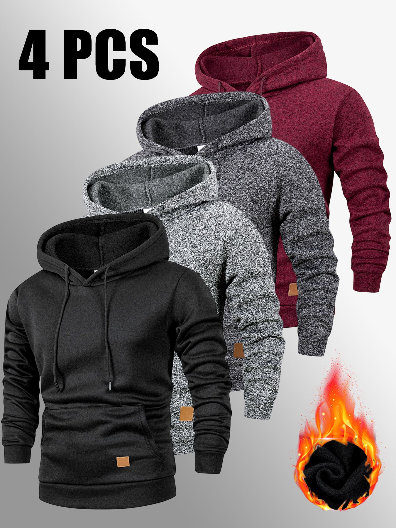 4er-Set Warmes Kapuzenpullover-Set, Herbst-Winter Freizeit Minimalistisches einfarbiges Langarm-Thermooberteil mit Kängurutasche und verstellbarer Kapuze mit Kordelzug