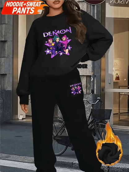 Sweatshirt/Sweatpants Set, Futter aus Fleece und kreativen „HUNTERS“-Charakterdrucken, Jogginganzug, mit Fleece gefüttert und verdickt warmes Sweatshirt