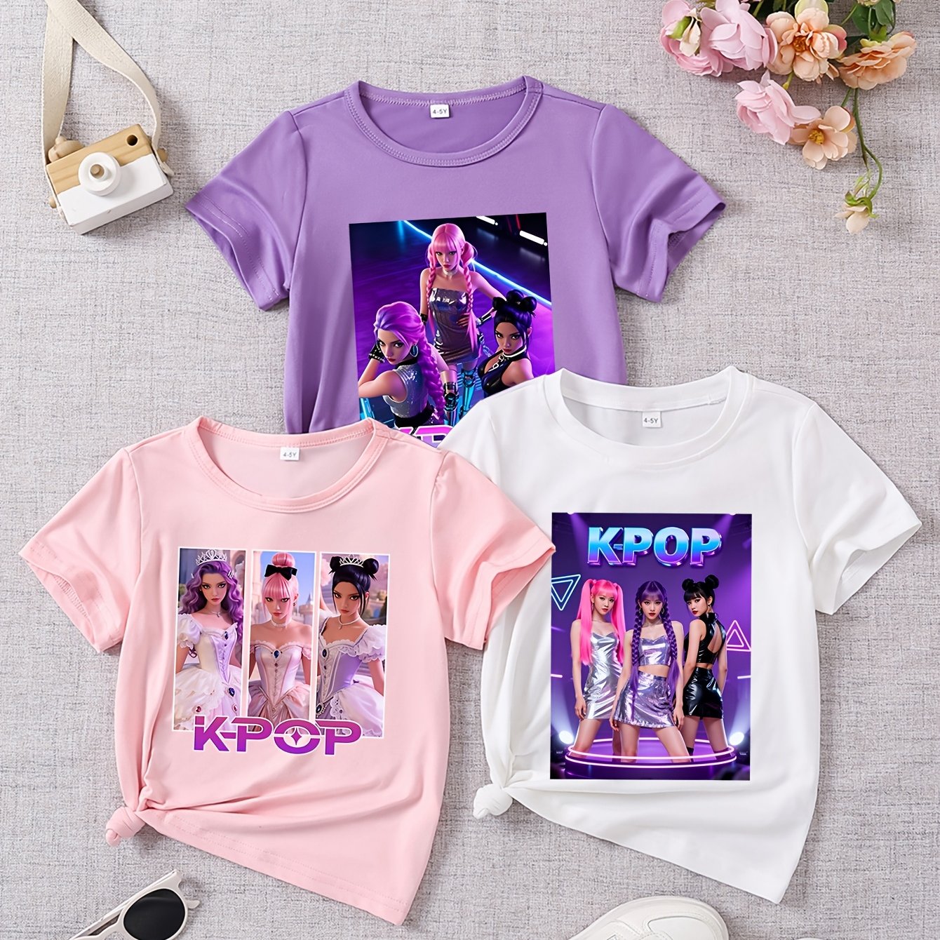 3 Stück Mädchen Sommer Kurzarm "K-POP Prinzessin Süßer Cooler Stil" Cartoon Print T-Shirts | Rundhalsausschnitt, Reguläre Passform, Lässige Strickoberteile für Mädchen