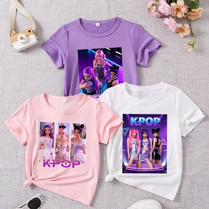 3 Stück Mädchen Sommer Kurzarm "K-POP Prinzessin Süßer Cooler Stil" Cartoon Print T-Shirts | Rundhalsausschnitt, Reguläre Passform, Lässige Strickoberteile für Mädchen