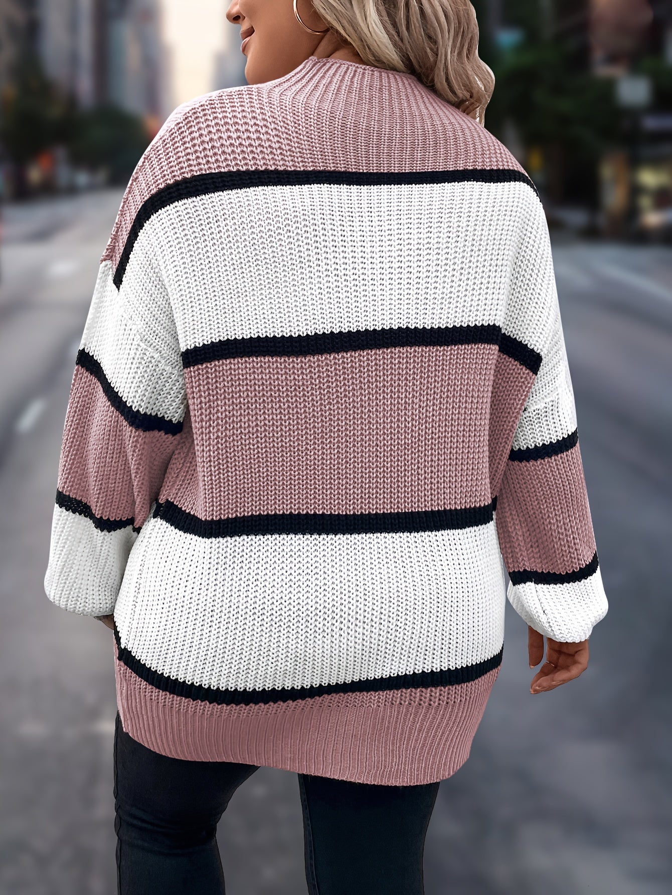 Übergröße, Neuer gestreifter Pullover für Damen Herbst/Winter, Farbblock-Lässig-Stil, Langarmshirt mit Rundhalsausschnitt