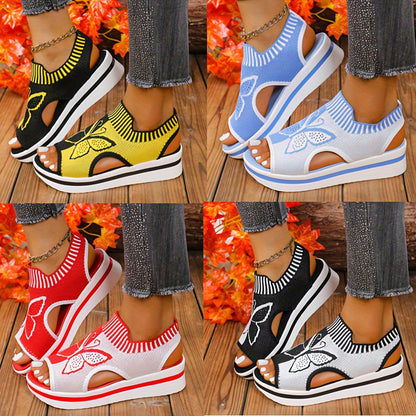 Atmungsaktive gestrickte Mesh-Damen-Casual-Sandalen mit Schmetterlingsmuster | Offene Zehen, Riemchen hinten, Positionierungsdruck, Synthetisches Kunstleder-Fußbett, Stoffinnendetails, TPR-Sohle