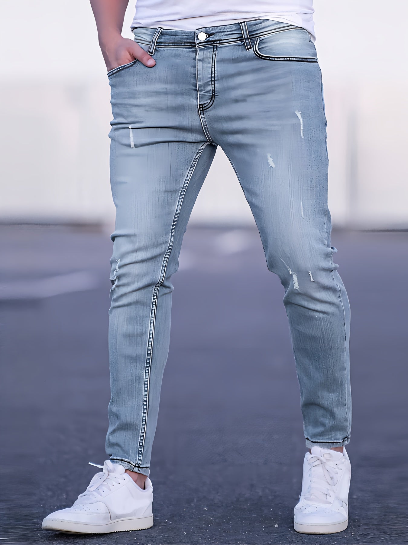 3er-Set Herren-Jeans mit elastischem Bund, Slim Fit, mittlere Dehnbarkeit, einfarbig, normale Länge, gewaschene Details, für alle Jahreszeiten geeignet