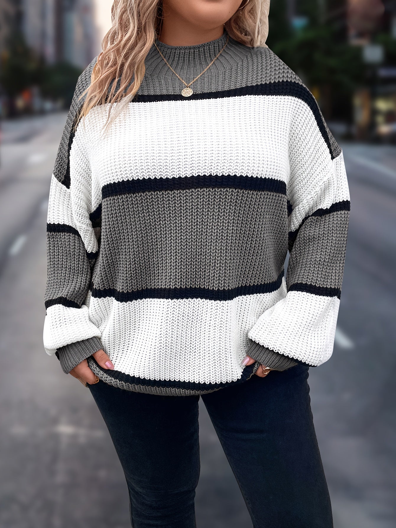 Übergröße, Neuer gestreifter Pullover für Damen Herbst/Winter, Farbblock-Lässig-Stil, Langarmshirt mit Rundhalsausschnitt