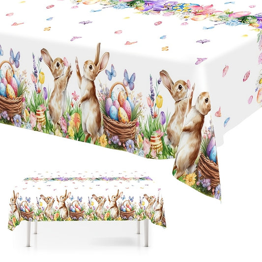 1 Stück festliche Tischdecke mit verspielten Motiven von Hasen, Ostereiern und Tulpen, Maße 130 x 220 cm. Diese Einweg-Kunststoff-Tischdecke in rechteckiger Form ist perfekt für Osterfeiern, Picknicks und heimisches Essen.
