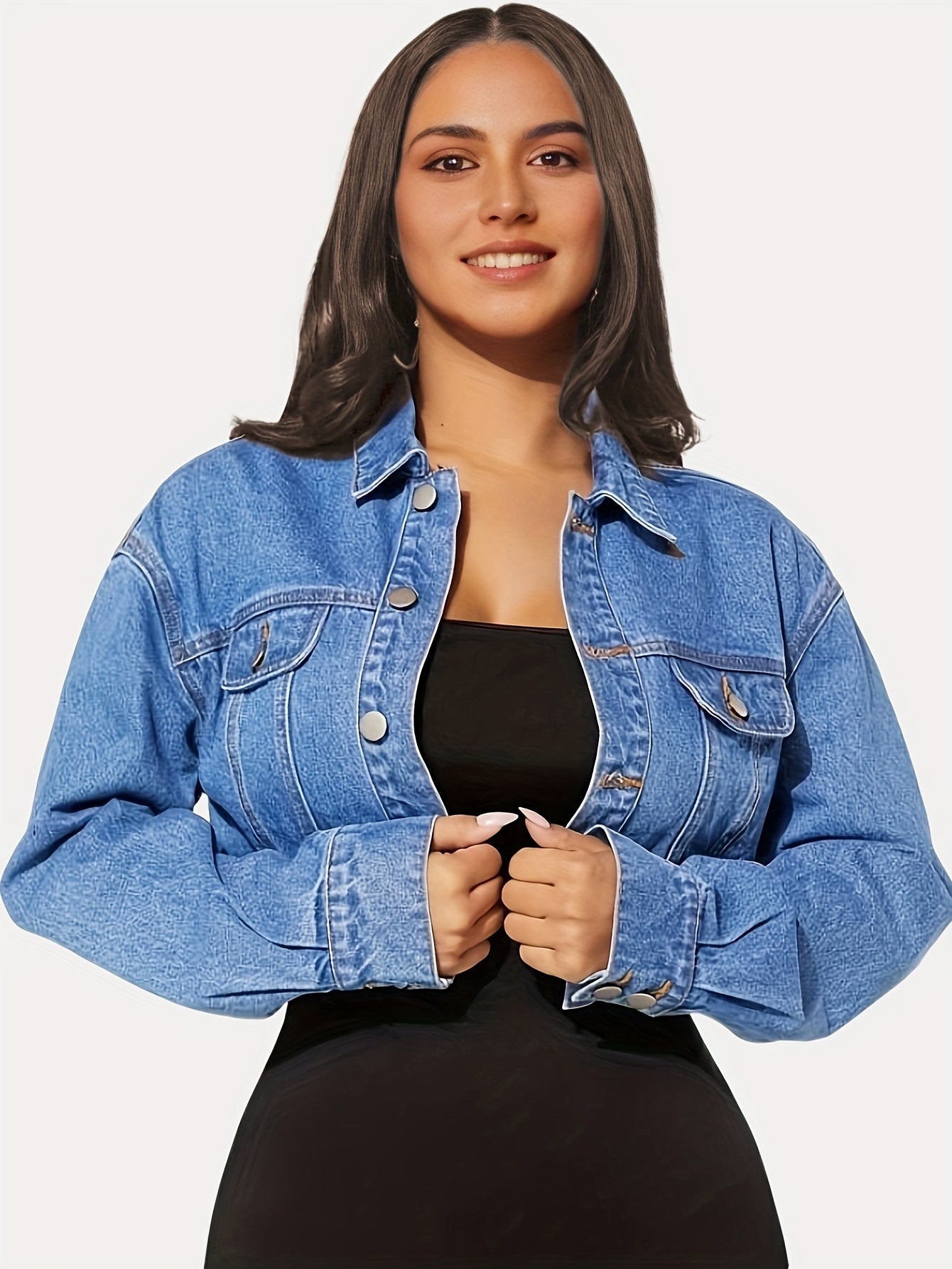 Einreihige Jeansjacke mit langen Ärmeln und Kragen, Oversize-Design mit Klappentaschen, kurze Jeansjacke, Damen-Jeans und Kleidung