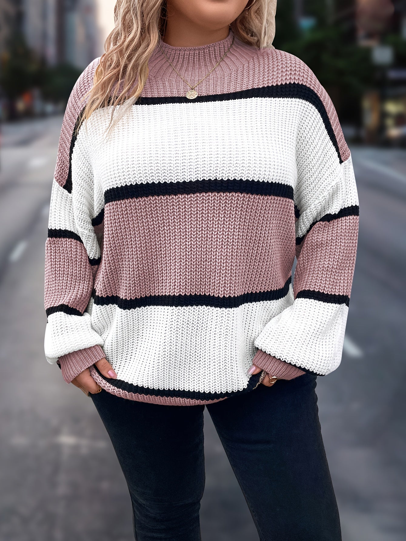 Übergröße, Neuer gestreifter Pullover für Damen Herbst/Winter, Farbblock-Lässig-Stil, Langarmshirt mit Rundhalsausschnitt