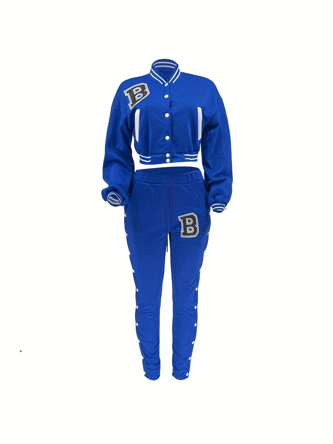 Damen-Set aus roter Jacke und Hose - Lässiges Polyester mit Buchstaben-„B“-Aufnähern, Knopfverschluss und gestreiften Akzenten