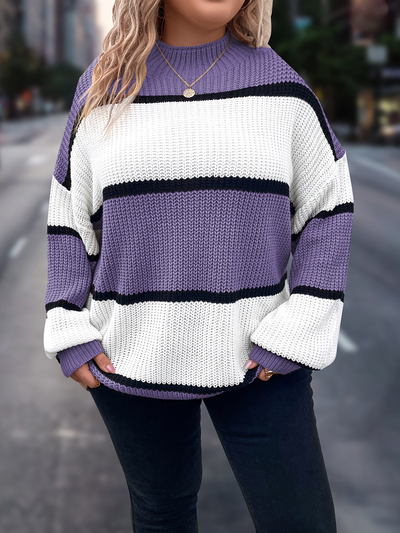 Übergröße, Neuer gestreifter Pullover für Damen Herbst/Winter, Farbblock-Lässig-Stil, Langarmshirt mit Rundhalsausschnitt