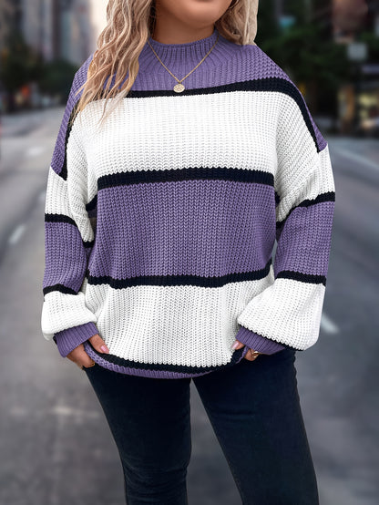 Übergröße, Neuer gestreifter Pullover für Damen Herbst/Winter, Farbblock-Lässig-Stil, Langarmshirt mit Rundhalsausschnitt