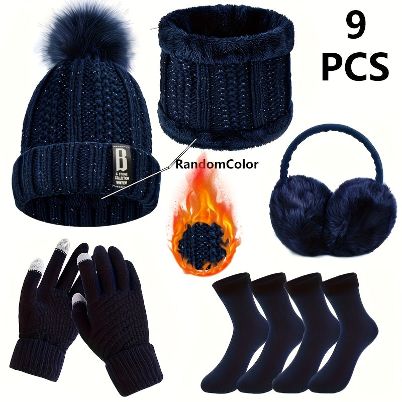 9-teiliges Winter-Warm-Up-Set für Weihnachts-Outdoorsport: Warme Mütze, Halswärmer, Touchscreen-Handschuhe, Thermo-Hand- und Fußschutz, weiche Ohrenschützer & Bodensocken