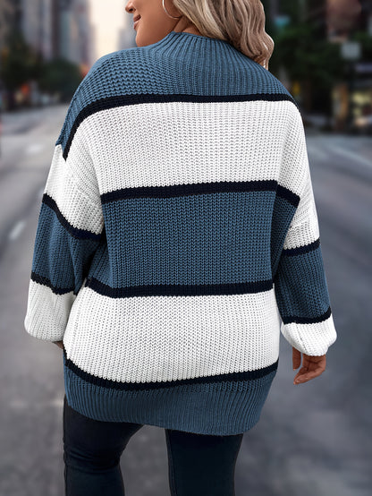 Übergröße, Neuer gestreifter Pullover für Damen Herbst/Winter, Farbblock-Lässig-Stil, Langarmshirt mit Rundhalsausschnitt