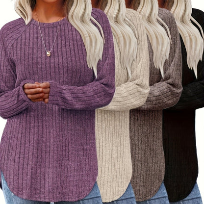 Vierteiliges Set Damenmode Oberteil Herbst Winter Basic Locker Elegant Rundhals Langarm Pullover