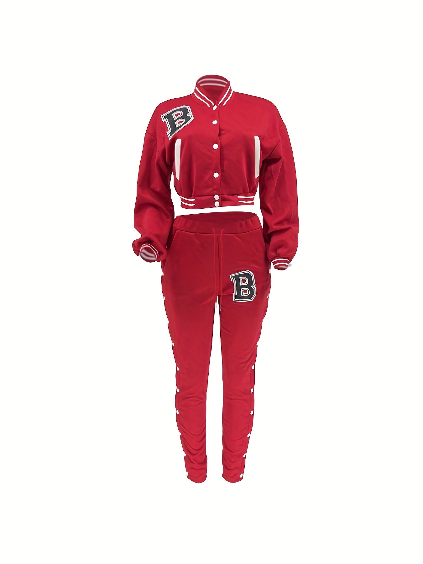 Damen-Set aus roter Jacke und Hose - Lässiges Polyester mit Buchstaben-„B“-Aufnähern, Knopfverschluss und gestreiften Akzenten