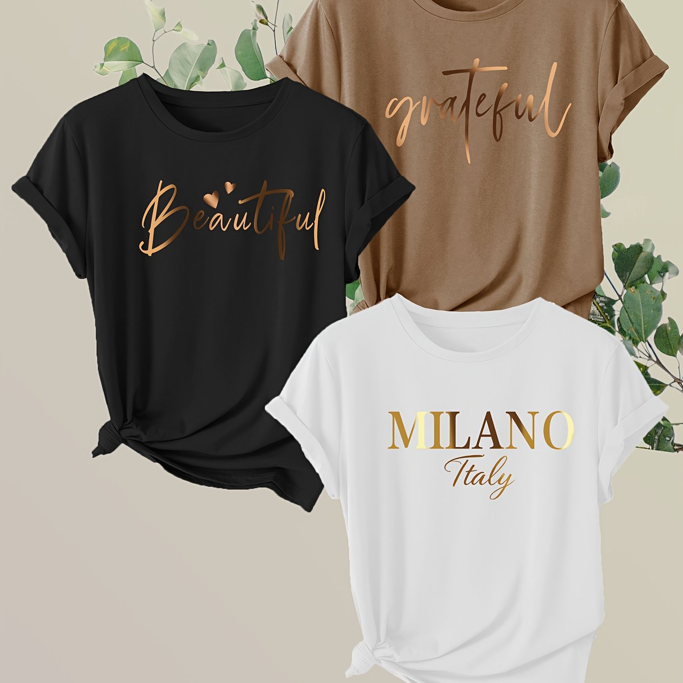 3er-Pack Damen-T-Shirts mit kurzen Ärmeln und inspirierendem Schriftzug - „Beautiful“, „Grateful“, „Milano Italy“