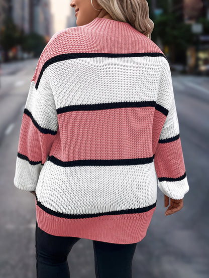 Übergröße, Neuer gestreifter Pullover für Damen Herbst/Winter, Farbblock-Lässig-Stil, Langarmshirt mit Rundhalsausschnitt