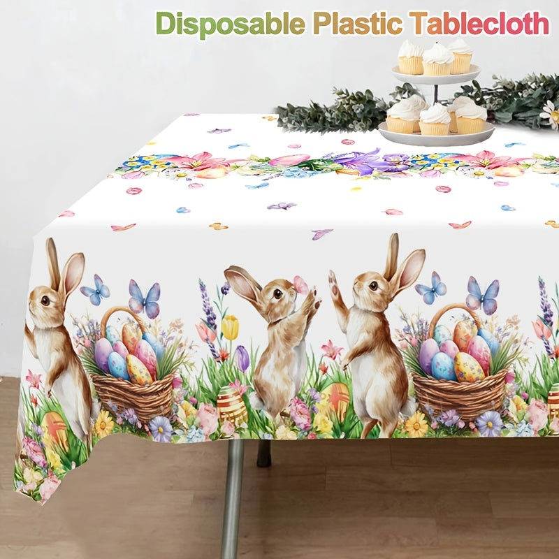 1 Stück festliche Tischdecke mit verspielten Motiven von Hasen, Ostereiern und Tulpen, Maße 130 x 220 cm. Diese Einweg-Kunststoff-Tischdecke in rechteckiger Form ist perfekt für Osterfeiern, Picknicks und heimisches Essen.