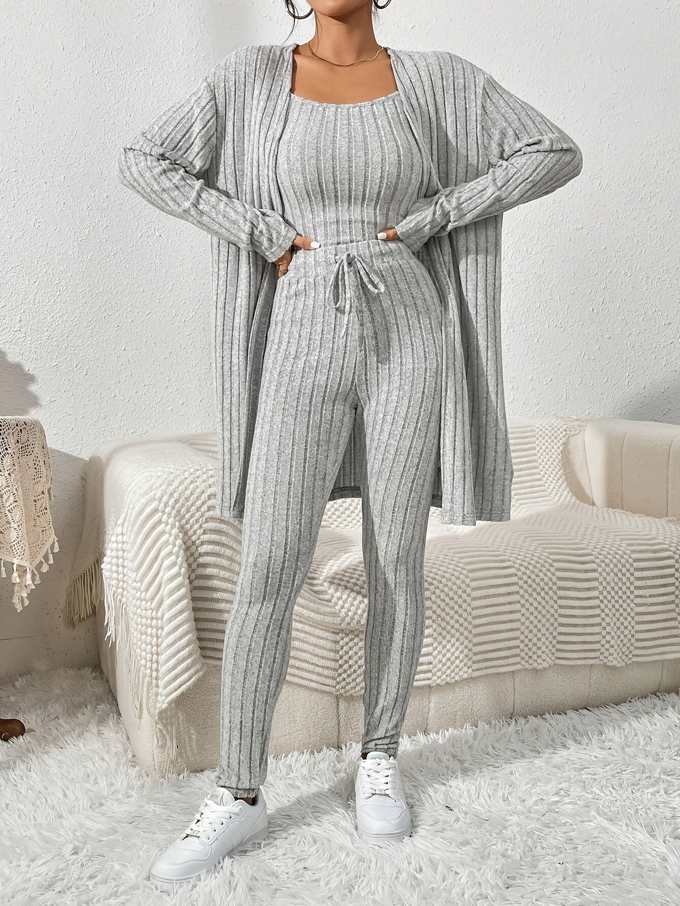 Übergröße, Damen Freizeit Strickjacke mit langen Ärmeln, Top und enge Hose Set, Übergröße Damen Herbst/Winter Dreiteiliges Hosen-Set