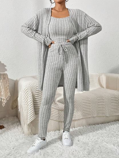 Übergröße, Damen Freizeit Strickjacke mit langen Ärmeln, Top und enge Hose Set, Übergröße Damen Herbst/Winter Dreiteiliges Hosen-Set