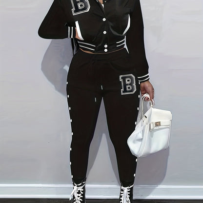 Damen-Set aus roter Jacke und Hose - Lässiges Polyester mit Buchstaben-„B“-Aufnähern, Knopfverschluss und gestreiften Akzenten