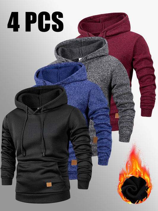 4er-Set Warmes Kapuzenpullover-Set, Herbst-Winter Freizeit Minimalistisches einfarbiges Langarm-Thermooberteil mit Kängurutasche und verstellbarer Kapuze mit Kordelzug