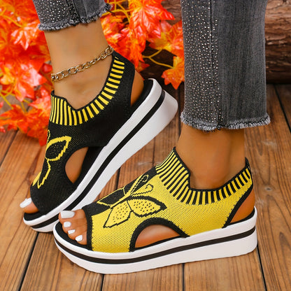 Atmungsaktive gestrickte Mesh-Damen-Casual-Sandalen mit Schmetterlingsmuster | Offene Zehen, Riemchen hinten, Positionierungsdruck, Synthetisches Kunstleder-Fußbett, Stoffinnendetails, TPR-Sohle