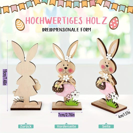 2D Flach, 2 Stück Holz-Osterhasen-Schreibtisch-Dekorationsset mit Blumenakzenten und Korb - Kein Stromanschluss erforderlich, perfekt für Garten- und Heimdekoration, Hasen-Zubehör, 2D Flach