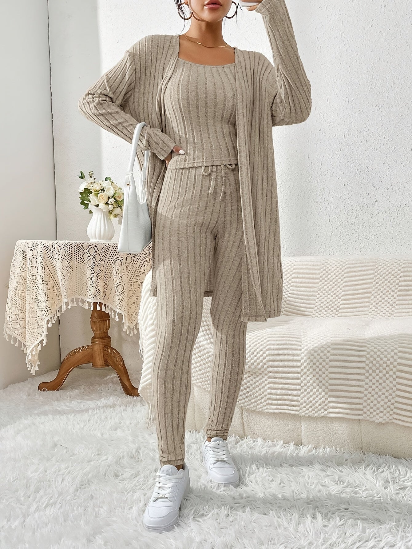 Übergröße, Damen Freizeit Strickjacke mit langen Ärmeln, Top und enge Hose Set, Übergröße Damen Herbst/Winter Dreiteiliges Hosen-Set