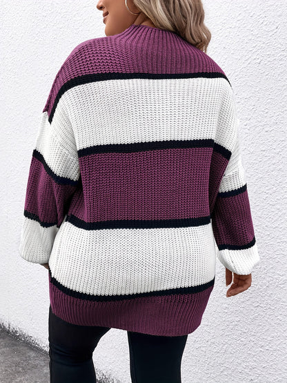 Übergröße, Neuer gestreifter Pullover für Damen Herbst/Winter, Farbblock-Lässig-Stil, Langarmshirt mit Rundhalsausschnitt