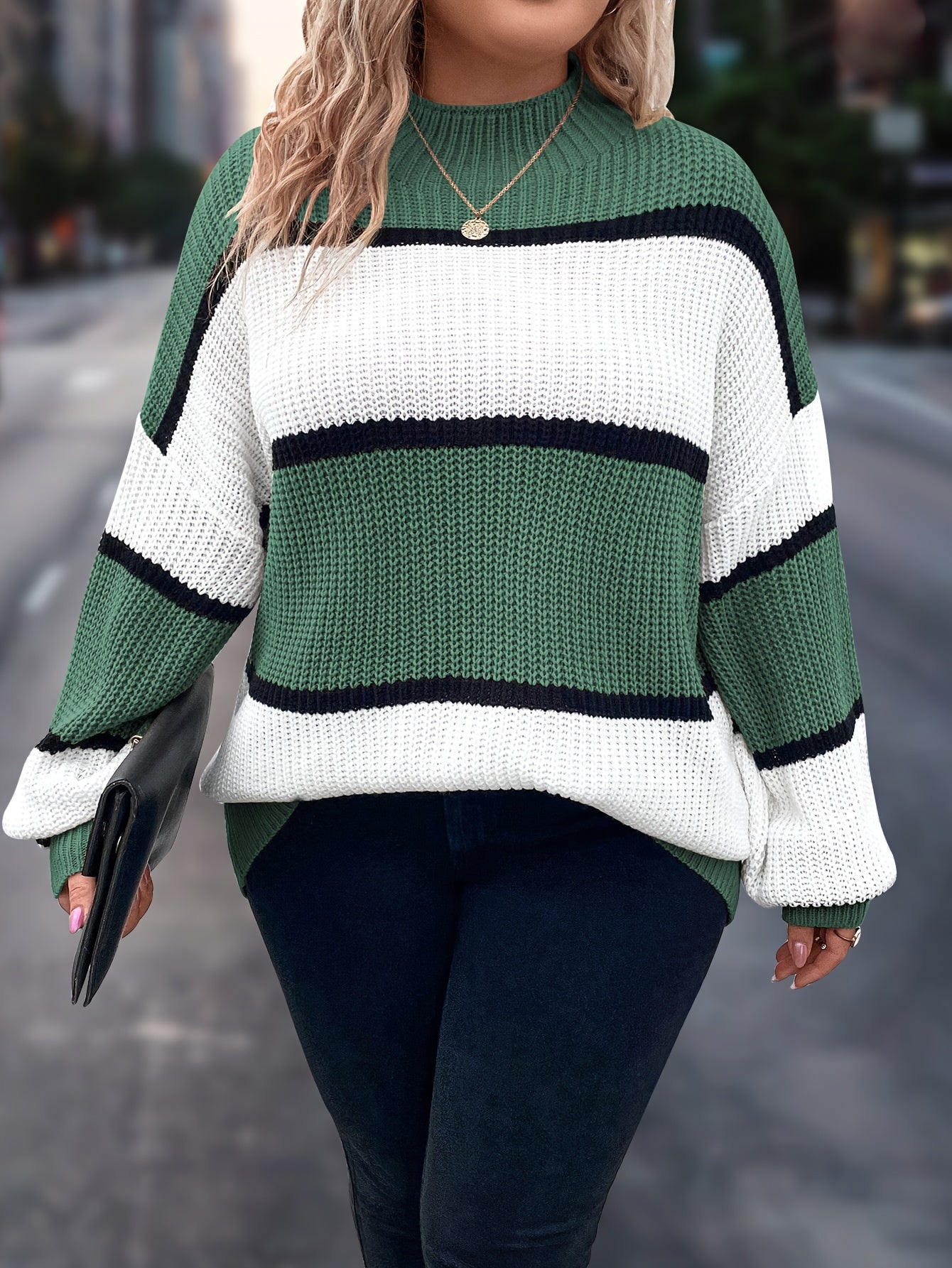 Übergröße, Neuer gestreifter Pullover für Damen Herbst/Winter, Farbblock-Lässig-Stil, Langarmshirt mit Rundhalsausschnitt