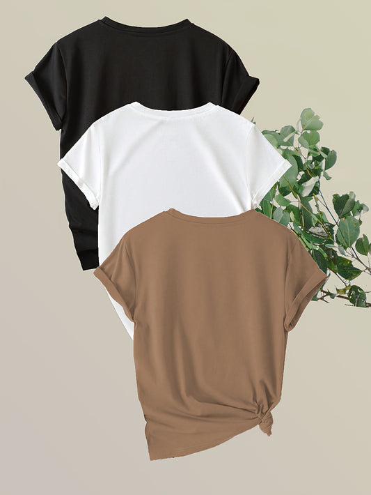 3er-Pack Damen-T-Shirts mit kurzen Ärmeln und inspirierendem Schriftzug - „Beautiful“, „Grateful“, „Milano Italy“