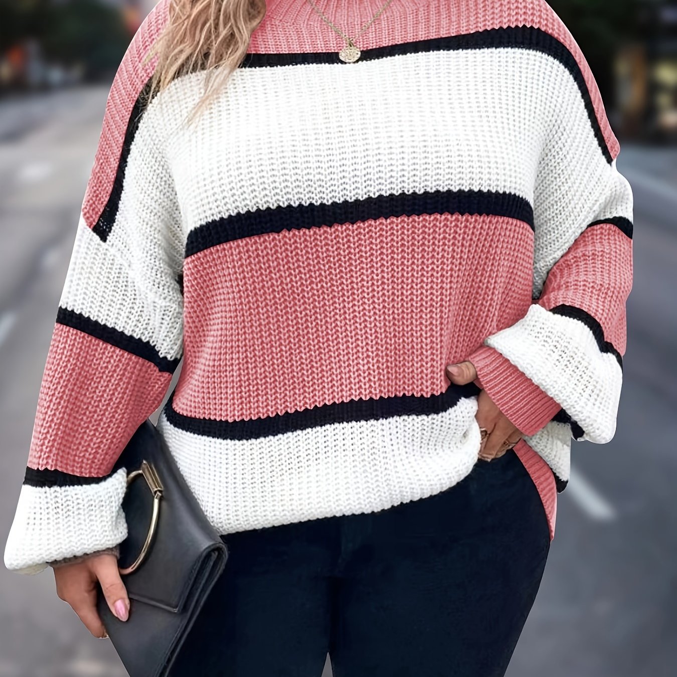 Übergröße, Neuer gestreifter Pullover für Damen Herbst/Winter, Farbblock-Lässig-Stil, Langarmshirt mit Rundhalsausschnitt