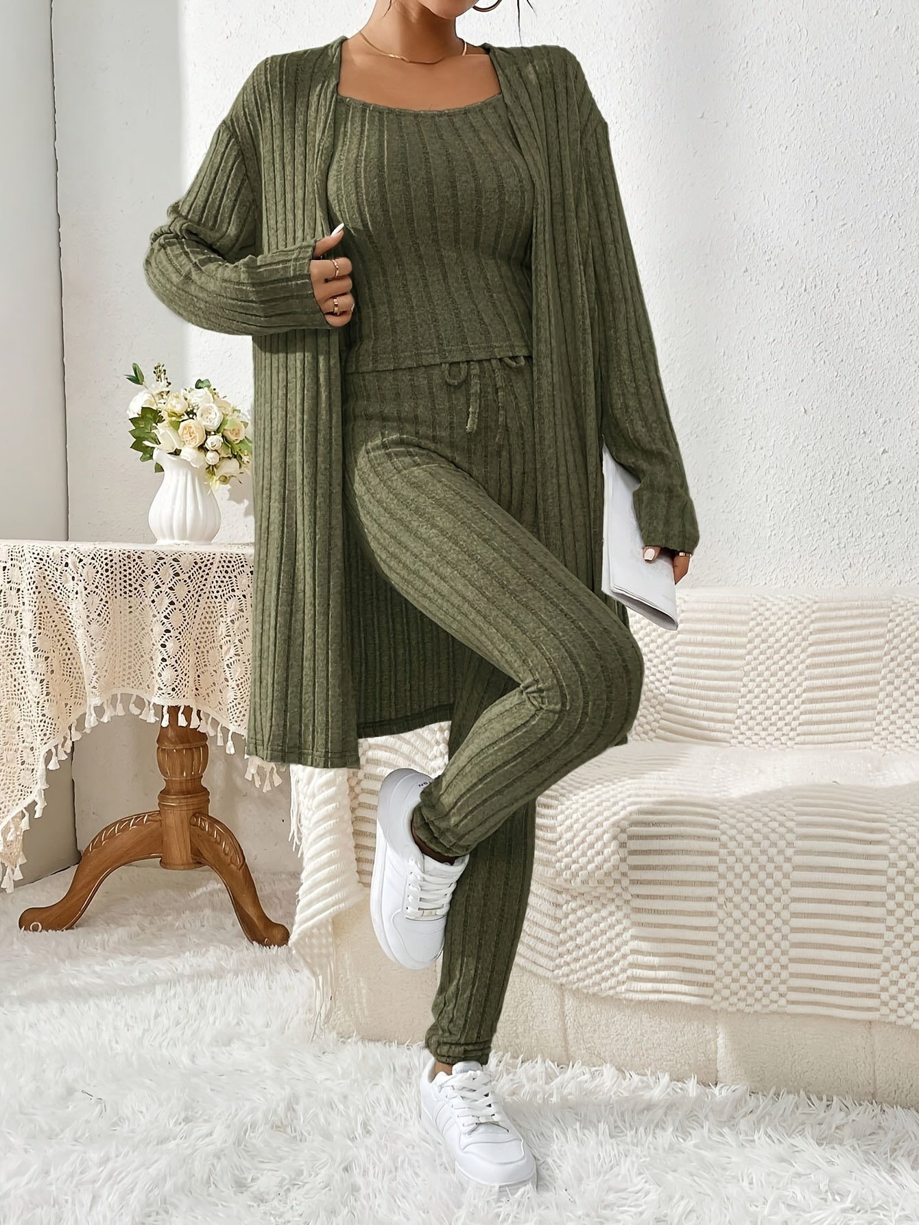 Übergröße, Damen Freizeit Strickjacke mit langen Ärmeln, Top und enge Hose Set, Übergröße Damen Herbst/Winter Dreiteiliges Hosen-Set