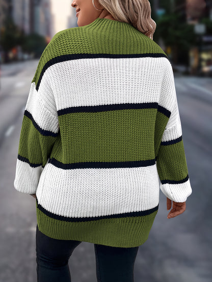 Übergröße, Neuer gestreifter Pullover für Damen Herbst/Winter, Farbblock-Lässig-Stil, Langarmshirt mit Rundhalsausschnitt