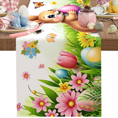 1 Stk. Frühling Oster-Tischdecke, lebendige Hasen, Eier, Blumen & Schmetterlings-Design Tischdecke, saisonale Frühlings-Küchen- und Esstischdekoration, Feiertags-Party-Outdoor-Dekor, Frohe Ostern Dekorationen für Zuhause, Landhausstil