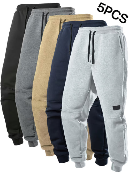 5er-Set Herren-Fleece-Jogginghosen mit Kordelzug, einfarbig, warm