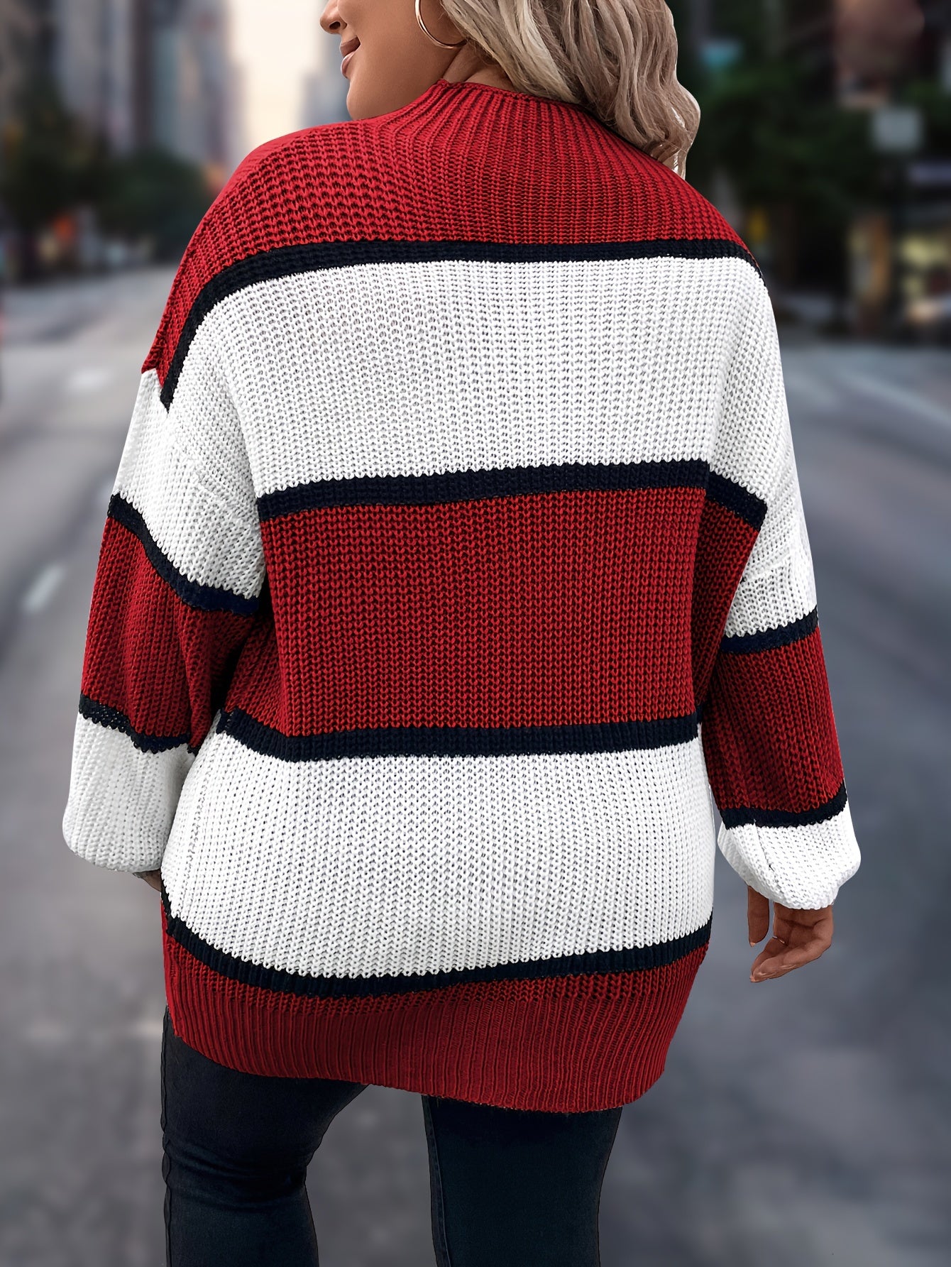 Übergröße, Neuer gestreifter Pullover für Damen Herbst/Winter, Farbblock-Lässig-Stil, Langarmshirt mit Rundhalsausschnitt