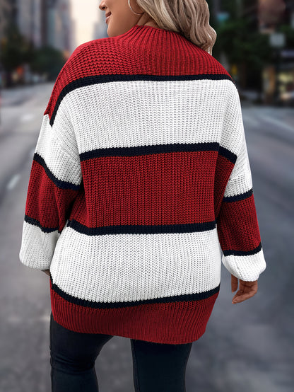 Übergröße, Neuer gestreifter Pullover für Damen Herbst/Winter, Farbblock-Lässig-Stil, Langarmshirt mit Rundhalsausschnitt