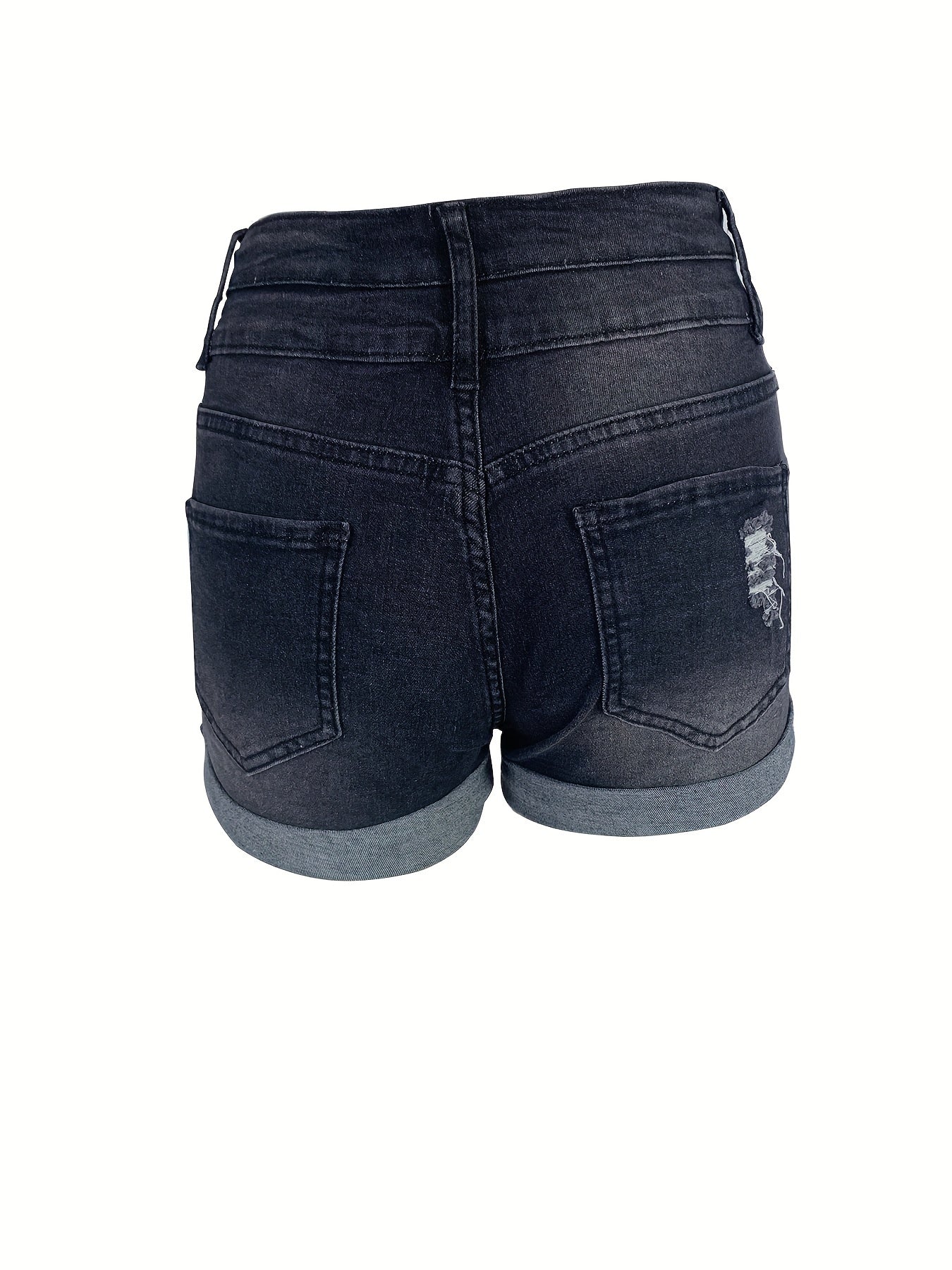 Umgeschlagene Jeansshorts mit Rissen, Mittlere Stretch-Jeansshorts mit eingeschnittenen Taschen, Damenjeans & Kleidung