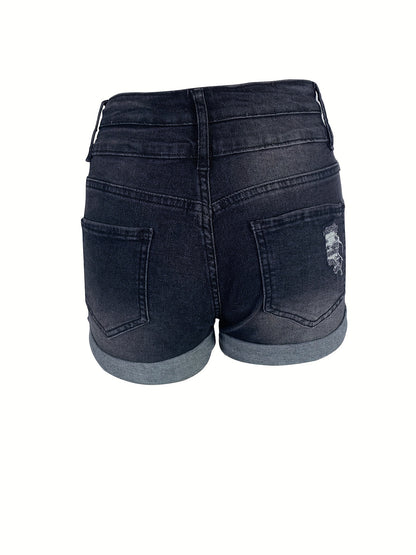 Umgeschlagene Jeansshorts mit Rissen, Mittlere Stretch-Jeansshorts mit eingeschnittenen Taschen, Damenjeans & Kleidung