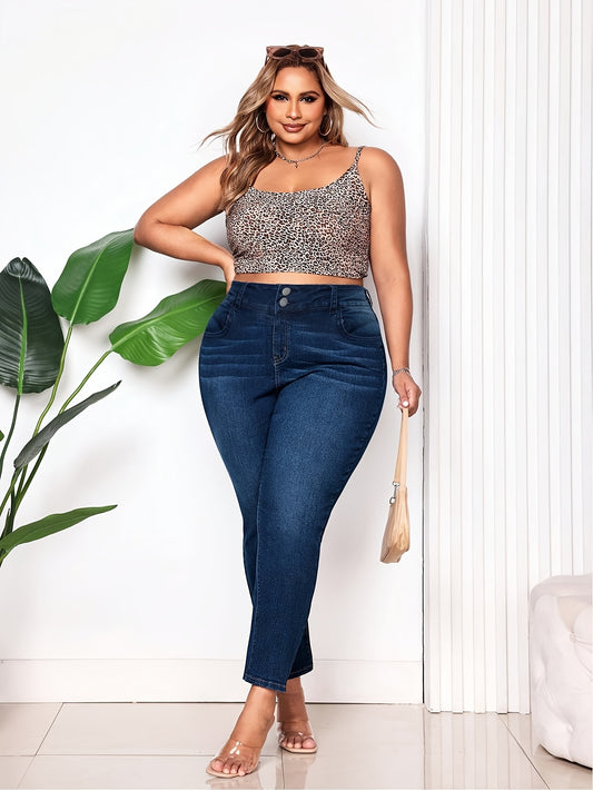 Neue Plus-Size Damen-Jeans mit hoher Elastizität, lässige Vintage-Straight-Leg-Hosen, hoch-elastischer Mid-Rise-Stil