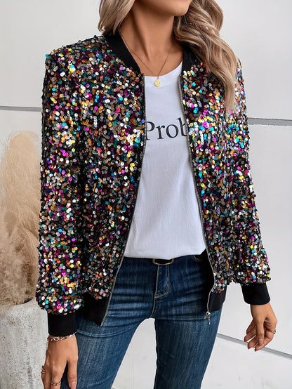 Elegante, mit Pailletten verzierte Damenjacke – schicker Bomber-Stil mit Reißverschluss, Baseballkragen, langen Ärmeln und buntem Punktmuster , aus nicht dehnbarem Polyestergewebe