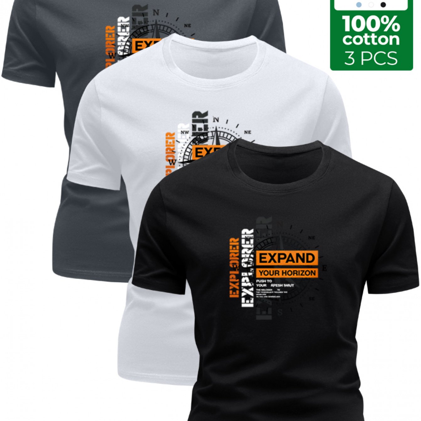 3 Stück - 100% Baumwolle T-Shirt mit Abenteuer-Stil Kompassdruck, lässiges Rundhals-Design, sommerliches trendiges Herrenoberteil